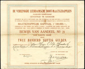 De Vereenigde Leerdamsche Boot-Maatschappijen N.V., Bewijs van aandeel, eerste serie, 250 Gulden, September 1920