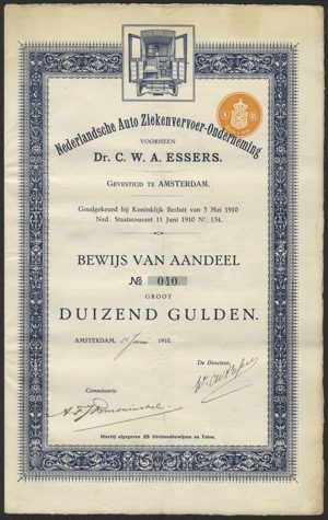 Nederlandsche Auto Ziekenvervoer-Onderneming voorheen Dr. C.W.A. Essers, Bewijs van Aandeel, 1000 Gulden, 11 juni 1910