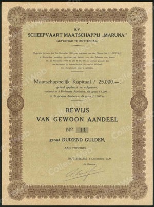 Scheepvaart Maatschappij "Maruna" N.V., Bewijs van gewoon aandeel, 1000 Gulden, 3 December 1929