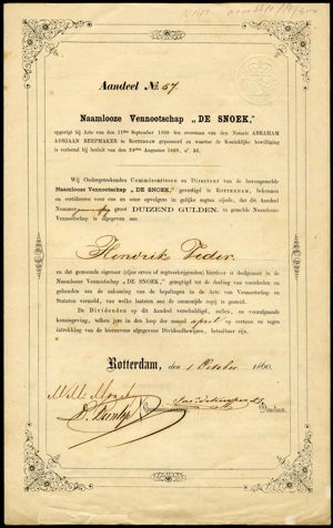 De Snoek N.V., Aandeel, 1000 Gulden, 1 October 1860