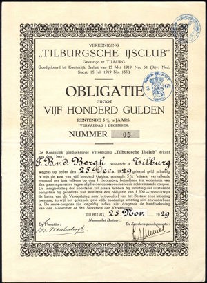 Vereeniging Tilburgsche IJsclub, Obligatie, 500 Gulden, 25 November 1929