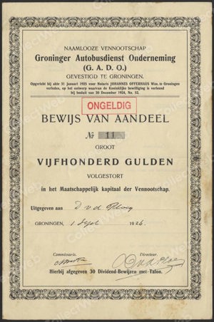 Groninger Autobusdienst Onderneming N.V., Bewijs van Aandeel, 500 Gulden, 1 September 1926