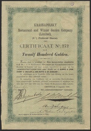 Krasnapolski, Restaurant and Winter Garden Company, Certificaat voor 10 preferente aandelen, 1200 Gulden, 6 Augustus 1890