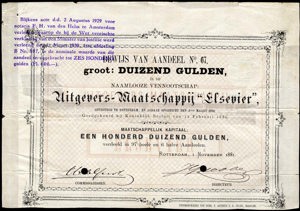 Uitgevers-Maatschappij "Elsevier" N.V., Bewijs van aandeel, 1000 Gulden, 1 November 1881
