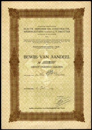 Electr. Smederij en Constructie-Werkplaatsen voorheen G.P. Dikotter N.V., Bewijs van aandeel, 1000 Gulden, 17 July 1919