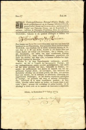 Plantage Driesveld, 5% Hypothecaire obligatie, 1000 Gulden, 1 Mei 1772