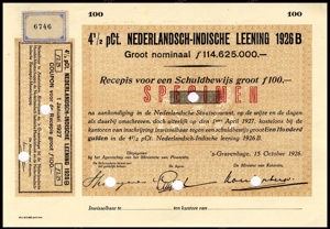 Nederlandsch-Indie, 4,5% lening 1926B, Recepis voor een schuldbewijs, 100 Gulden, 15 October 1926, SPECIMEN