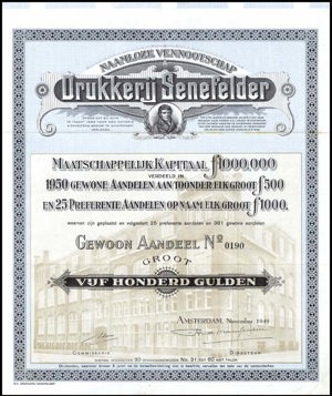Drukkerij Senefelder N.V., Gewoon aandeel, 500 Gulden, November 1949