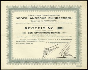 Nederlandsche Rijnreederij N.V., Recepis voor een oprichtersbewijs, 3 Augustus 1920