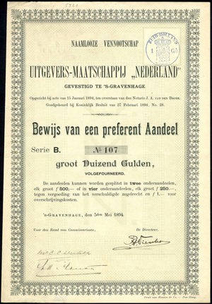 Uitgevers-Maatschappij "Nederland" N.V., Bewijs van een preferent aandeel, serie B, 1000 Gulden, 5 May 1894