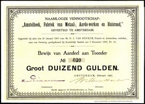 Amstelhoek, Fabriek van Metaal-, Aarde-werken en Huisraad N.V., Bewijs van aandeel aan toonder, 1000 Gulden, February 1903