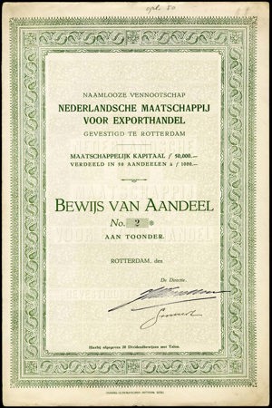 Nederlandsche Maatschappij voor Exporthandel N.V., Bewijs van aandeel, 1000 Gulden, (1930)