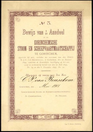 Gorinchemsche Stoom- en Scheepvaartmaatschappij, Bewijs van 1/10 aandeel, May 1901