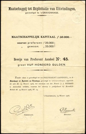 Maatschappij tot Expoitatie van Uitvindingen, Bewijs van preferent aandeel, 500 Gulden, 24 March 1906