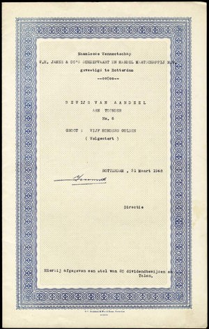 W. H. James & Co's Scheepvaart en Handel Maatschappij N.V., Bewijs van aandeel, 500 Gulden, 31 March 1948