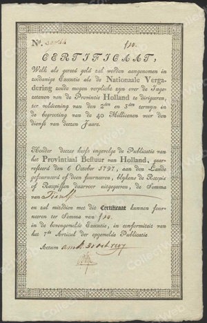 Provintiaal Bestuur van Holland, Certificaat, 10 Gulden, 27 December 1797