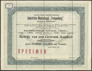 Industriëele Maatschappij Trompenburg N.V. (Spijker), Bewijs van Gewoon Aandeel, 1000 Gulden, 1898, SPECIMEN