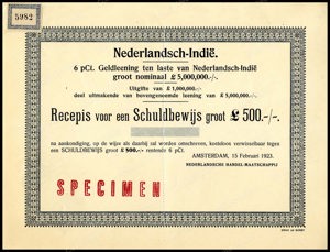 Nederlandsch-Indie, 6% Externe lening 1923, Recepis voor een schuldbewijs, 500 Pond, 15 Februari 1923, SPECIMEN