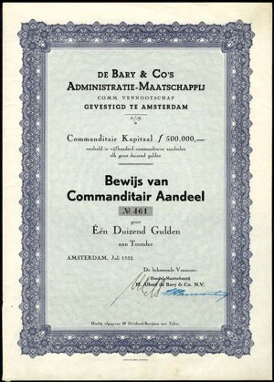 De Bary & Co.'s Administratie-Maatschappij C.V., Bewijs van commanditair aandeel, 1000 Gulden, July 1932