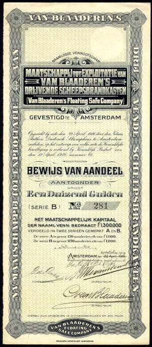 Maatschappij tot Exploitatie van Van Blaaderen's Drijvende Scheepsbrandkasten N.V., Bewijs van aandeel, serie B, 1000 Gulden, 27 October 1919