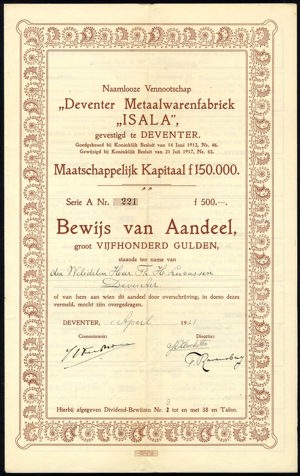 Deventer Metaalwarenfabriek "Isala" N.V., Bewijs van aandeel, 500 Gulden, 1 April 1921