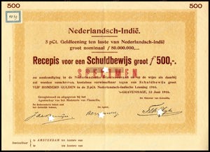 Nederlandsch-Indie, 5% lening 1916, Recepis voor een schuldbewijs, 500 Gulden, 23 Juni 1916, SPECIMEN
