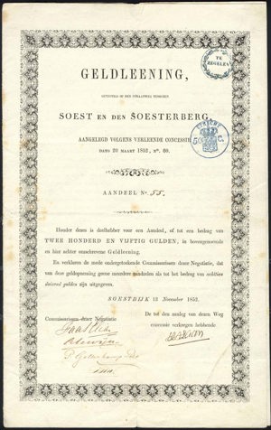 Straatweg tusschen Soest en den Soesterberg, Aandeel, 250 gulden, 13 November 1852 (Prospect included)