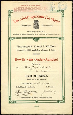 Verzekeringsbank De Maas N.V., Bewijs van onder-aandeel, 100 Gulden, 1 November 1911
