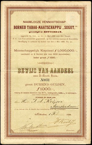 Borneo Tabak-Maatschappij "Sugut", Bewijs van aandeel, eerste serie, 1000 Gulden, 1 February 1888