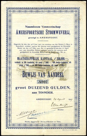 Amersfoortsche Stoomweverij N.V., Bewijs van aandeel, 1000 Gulden, 24 April 1907