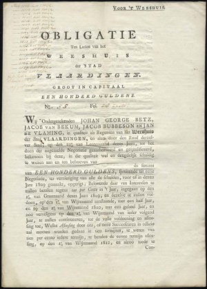Weeshuis der Stad Vlaardingen, Obligatie, 100 Gulden, 14 September 1809