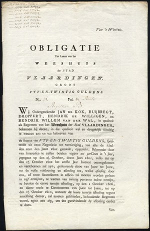 Weeshuis der Stad Vlaardingen, Obligatie, 25 Gulden, 1 December 1801