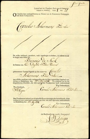 Middelburgsche Commercie Compagnie, Aandeel, 1000 Ponden Vlaams, 25 Mei 1756