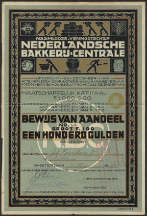 Nederlandsche Bakkerij-Centrale N.V., Bewijs van Aandeel, 100 Gulden, 31 mei 1917