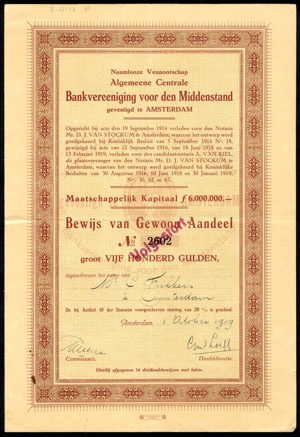 Algemeene Centrale Bankvereeniging voor den Middenstand N.V., Bewijs van gewoon aandeel, 500 Gulden, 1 October 1919