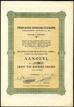 Phono-Radio Handelmaatschappij N.V., Aandeel, 500 Gulden, 15 July 1931