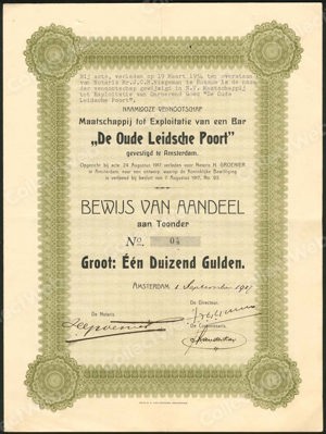 Maatschappij tot Exploitatie van een Bar "De Oude Leidsche Poort" N.V., Bewijs van aandeel, 1000 Gulden, 1 September 1917