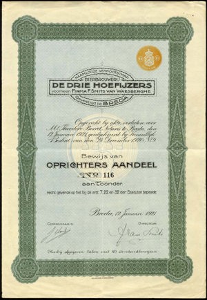 Bierbrouwerij De Drie Hoefijzers voorheen Firma F. Smits van Waesberghe NV, Oprichtersaandeel, 12 Januari 1921