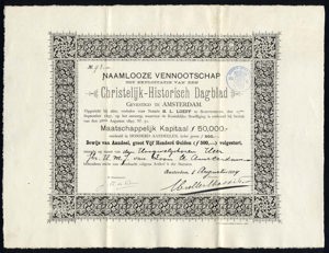N.V. tot exploitatie van een Christelijk-Historisch Dagblad, Bewijs van aandeel, 500 Gulden, 1 August 1899
