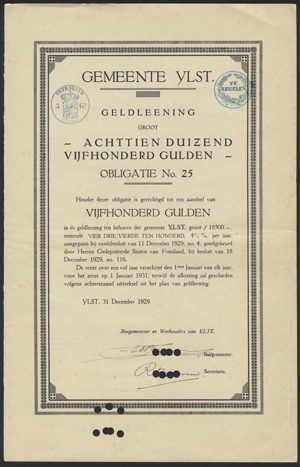 Gemeente IJlst, Obligatie, 500 Gulden, 31 December 1929