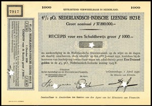 Nederlandsch-Indie, 4,5% lening 1923E, Recepis voor een schuldbewijs, 1000 Gulden, 1 April 1930, PROOF