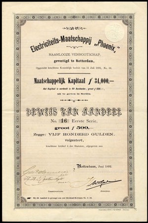 Electriciteits-Maatschappij "Phoenix" N.V., Bewijs van aandeel, eerste serie, 500 Gulden, June 1892
