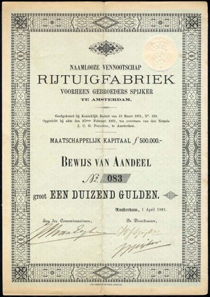 Rijtuigfabriek voorheen Gebroeders Spijker N.V., Bewijs van aandeel, 1000 Gulden, 1 April 1891