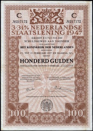 Koninkrijk der Nederlanden, Schuldbewijs aan toonder, 100 Gulden, 3-3½% Lening 1947