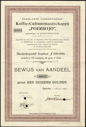 Koffie-Cultuurmaatschappij "Poerbojo" N.V., Bewijs van aandeel, 1000 Gulden, 1 November 1894